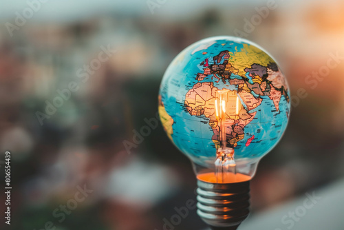 A globe is lit up inside a light bulb. The globe is surrounded by a blurry background
