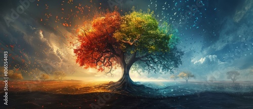 A fantastical portrayal of a tree with its four quarters showing the different seasonal changes each quarter drastically distinct yet part of a whole