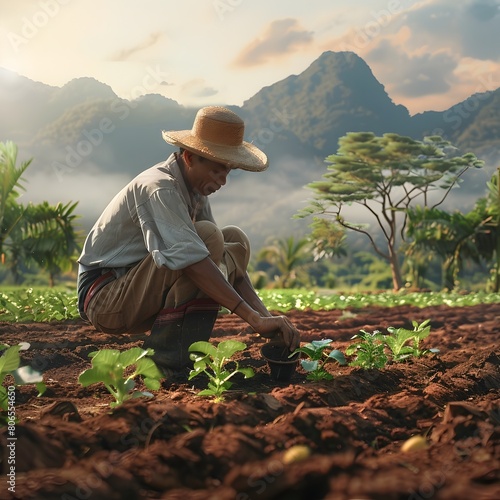 Farmer Carefully Selecting Crop Varieties for Regional Climate and Soil Conditions in Scenic Mountain Landscape at Sunset