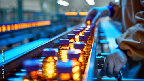 https://s.mj.run/0GnbjZbguWE pharmaceutical lab worker examining medical vials on conveyor belt in a pharma factory, blue lighting, documentary style photo, --no text logo brand car make --chaos 50 --