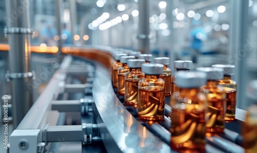 Rows of vaccine vials moving along a production line in a high-tech pharmaceutical facility, soft focus on the leading vial symbolizing the journey from research to public health