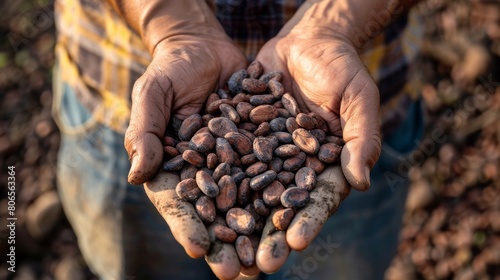 Cocoa beans in the hands of a farmer