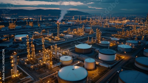Aerial view of an oil refinery at dusk, lights illuminating the complex infrastructure and storage tanks