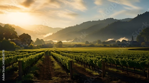 Panorama of vineyard at sunset in the countryside of New Zealand