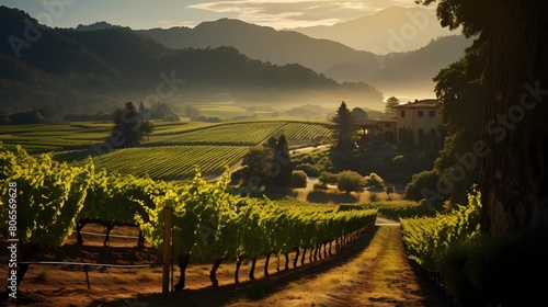 panoramic view of a vineyard at sunset in Tuscany