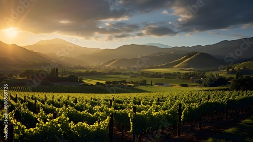 panorama of vineyards in Tuscany at sunset, Italy