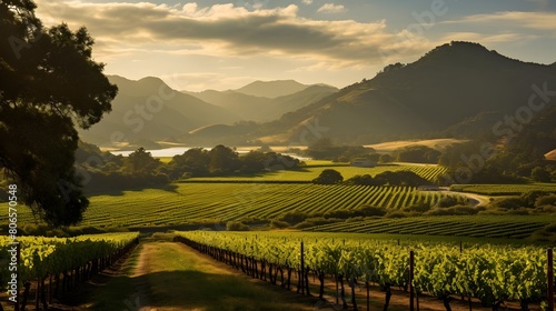 panoramic view of vineyard at sunset, New Zealand.