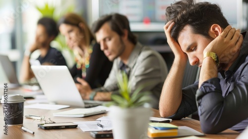 Employees visibly tired and frustrated during an overly long meeting with no clear agenda