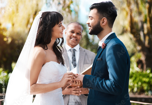 Happy couple, wedding and holding hands with priest for vows, marriage or support at alter in trust or nature. Married man, woman or bride and groom for relationship, ceremony or confession of love