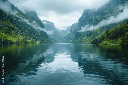 A serene lake nestled between majestic mountains, surrounded by lush greenery and misty clouds, creating an idyllic scene of nature's beauty in Norway., focus on face -