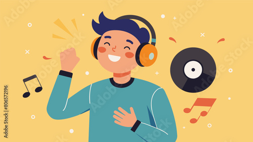 With a pair of headphones on a teenager excitedly discovers the unique crackling sounds that accompany a vinyl record. Vector illustration