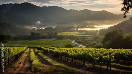 Panoramic view of vineyard at sunrise in New Zealand.