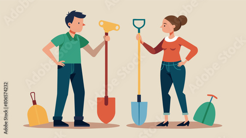A young couple inspecting an assortment of vintage shovels and hoes debating which ones to add to their collection.. Vector illustration