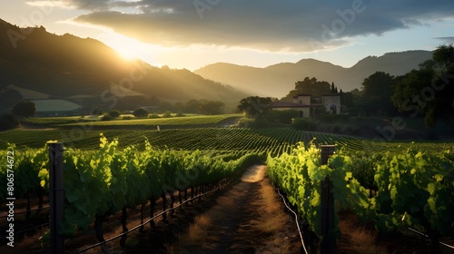 panorama of vineyard in Tuscany, Italy at sunset