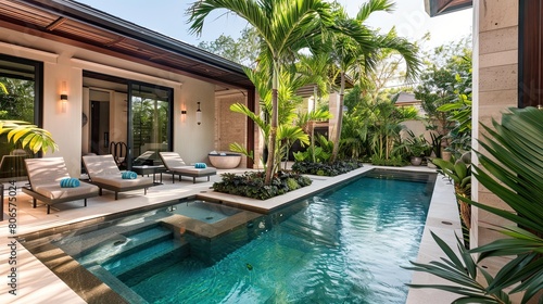 A luxury pool home's secluded spa area, with palm trees and tropical plants creating privacy