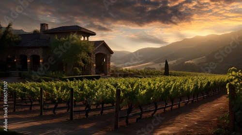 panoramic view of vineyard at sunset in Chianti, Tuscany, Italy