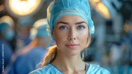 Caucasian female surgeon in an operating theatre. wearing medical gloves