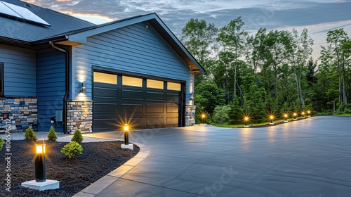 A modern home's garage with blue siding and stone trim, the driveway lined with solar lights