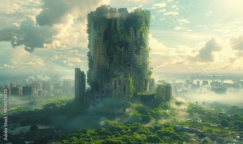 A tall, abandoned skyscraper covered in overgrown plants and vines, stands in the middle of a ruined city. The sky is hazy and the sun is breaking through the clouds.