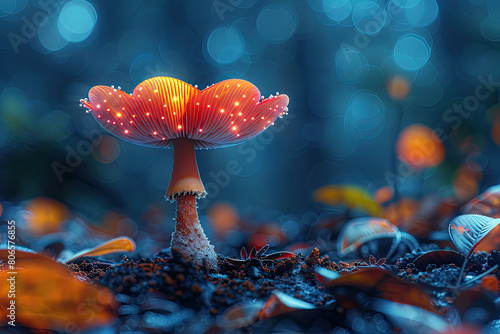 A vibrant mushroom with delicate pink and orange spores stands tall on the edge of an ancient moss-covered log, its cap glistening under soft moonlight against a backdrop of shimmering stars. 