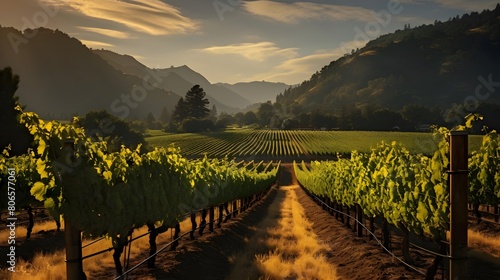 panoramic view of vineyard at sunset, South Island, New Zealand