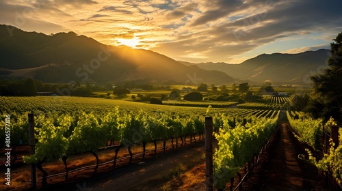 panoramic view of a vineyard at sunset in the mountains