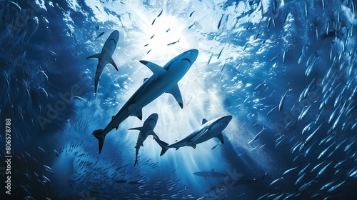 Blue and white underwater scene depicting a school of sardines being hunted by three sharks.