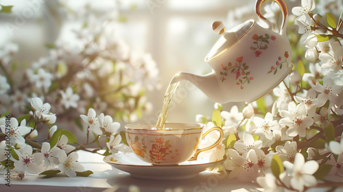 Vintage teapot pouring tea into a delicate cup, surrounded by a bouquet of spring flowers on a light background
