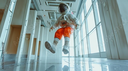 A child pretending to be an astronaut, floating in zero gravity with socks on a slippery floor