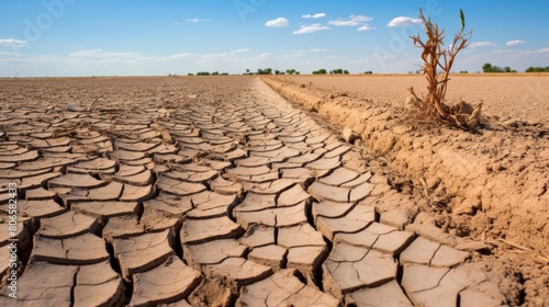 Drought destroys cultivated plants. Trees dry out in rows on the parched soil in summer. The other side is rich. Comparison picture