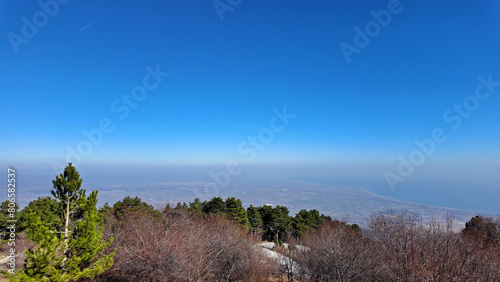 View of Aegean sea and landscape from mountain Olympus in Greece, Europe.