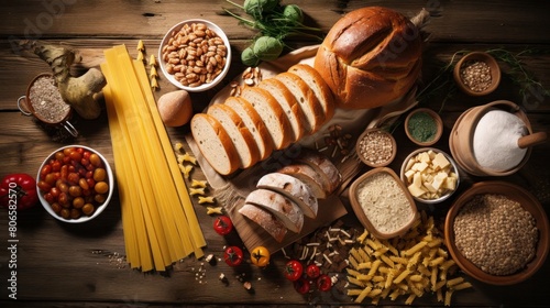 Gluten free food. Various pasta, bread and snacks on wooden background