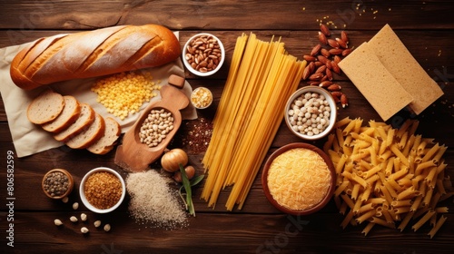 Gluten free food. Various pasta, bread and snacks on wooden background