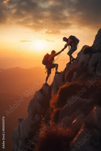 Climbers helping each other climb rocks at sunset on the mountain.Helps and team work concept