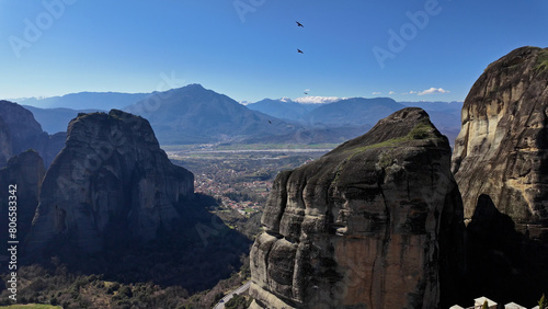 Meteora mountains and cliffs with Christian Orthodox monasteries in region of Thessaly in Greece, Europe.