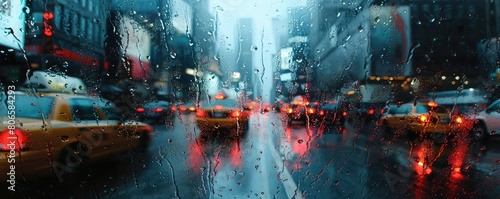 Rainy city street scene through a wet window