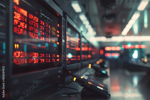 Zoomedin view of a market exchange rate monitor fluctuating, 4K realistic, trading floor