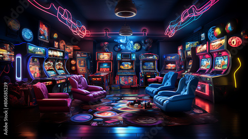Retro arcade room with vintage game machines, neon signs, and a blacklight carpet,