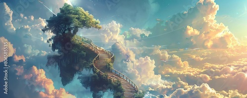 A fantasy illustration of a tranquil, floating health retreat in the clouds, accessible by a spiral staircase