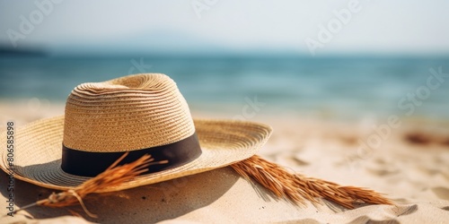 Straw hat on the beach, sea background in summer. Leisure travel
