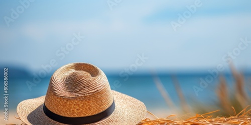 Straw hat on the beach, sea background in summer. Leisure travel