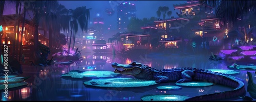 A futuristic settlement at the neon swamp s edge relies on the cyberpunk alligator to protect its glowing lily farms