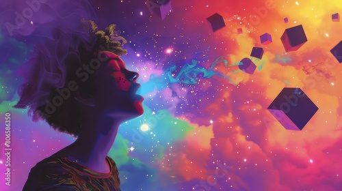 A graphic portrayal of a person doing breathwork, exhaling colorful mist into the air while surrounded by floating geometric shapes