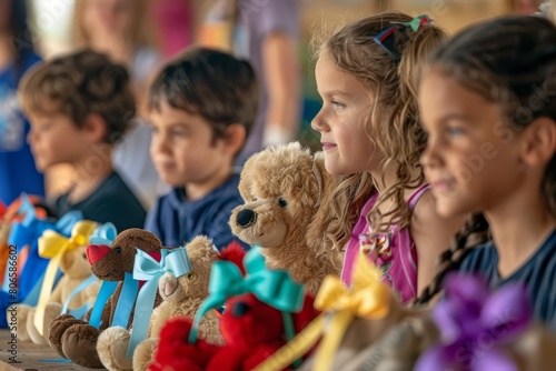A group of kids organizing a pet show for their stuffed animals, awarding ribbons and trophies