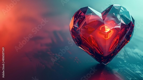 Elevate your product with a bold, CG 3D heart at a dramatic tilted angle against a futuristic, metallic background, exuding innovation and sophistication