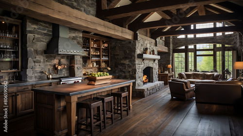 Rustic kitchen with wood beams and stone fireplace,
