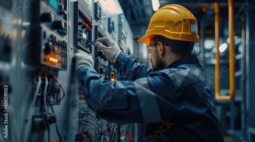 unrecognizable Electrician engineer uses a multimeter to test the electrical installation and power line current in an electrical system control cabinet
