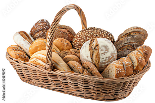 Basket of mixed breads, artisanal and freshly baked, transparent background