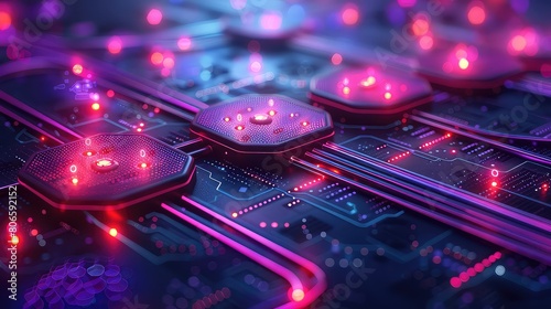 Circuit board with microchips in blue light 3d rendering