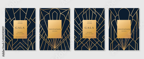 Art deco pattern cover design vector. Set invitation card of abstract geometric line art shape design on dark blue background. Use for wedding invitation, cover, VIP card, print, gala, wallpaper.